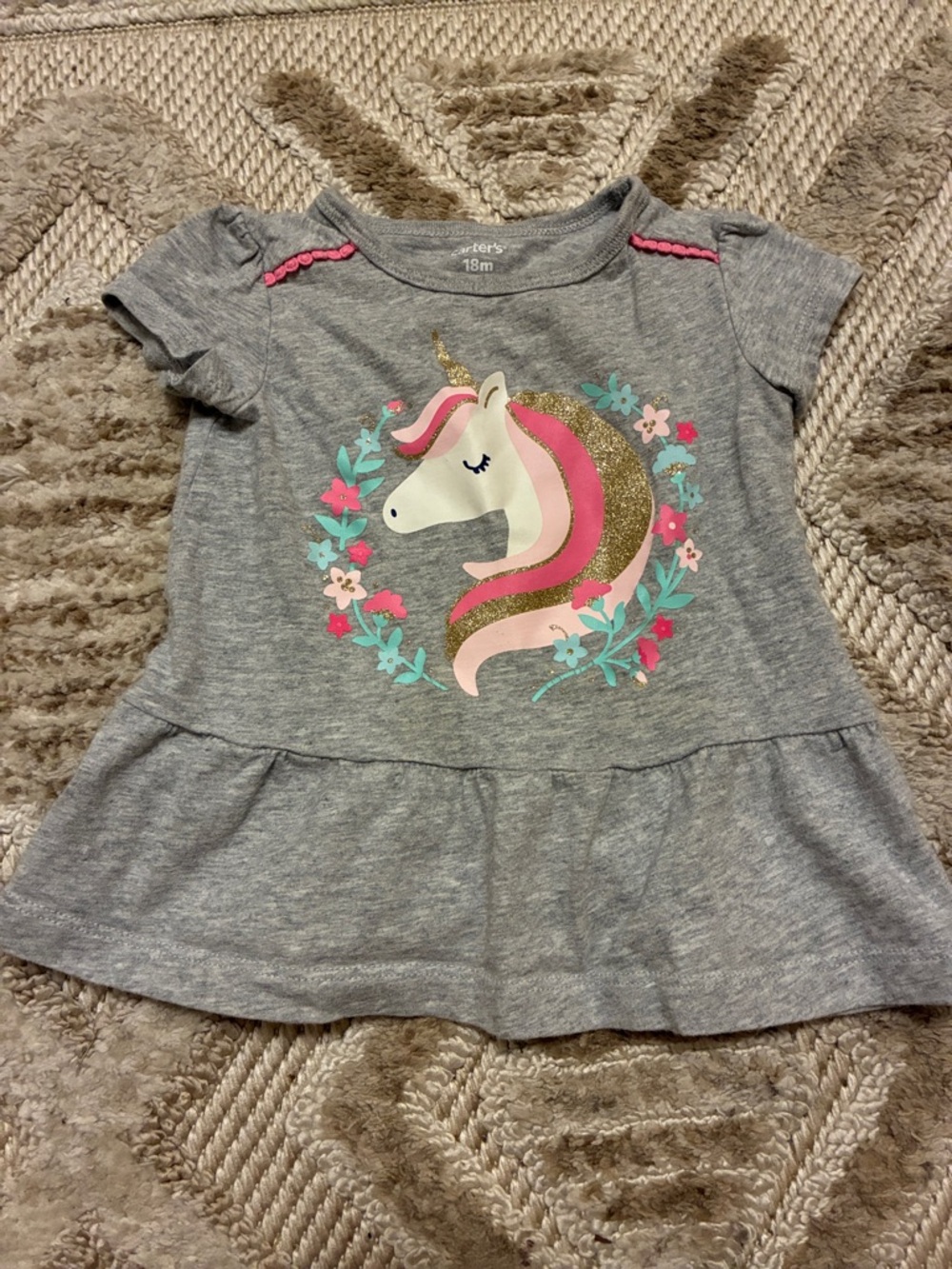 Carter's Gray Unicorn Peplum Dress with Pink and Gold Details